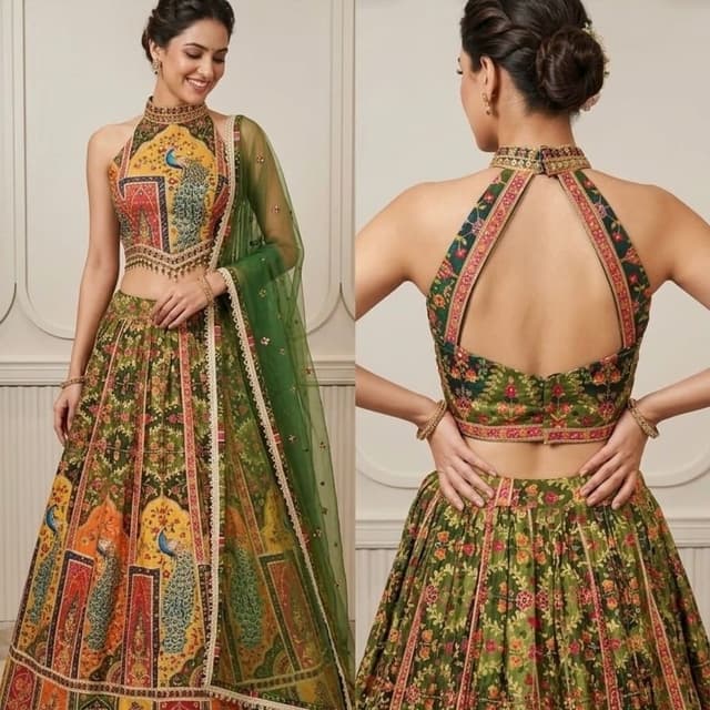 Olive green, yellow, deep red, multi-colored floral and peacock motifs Lehenga Choli