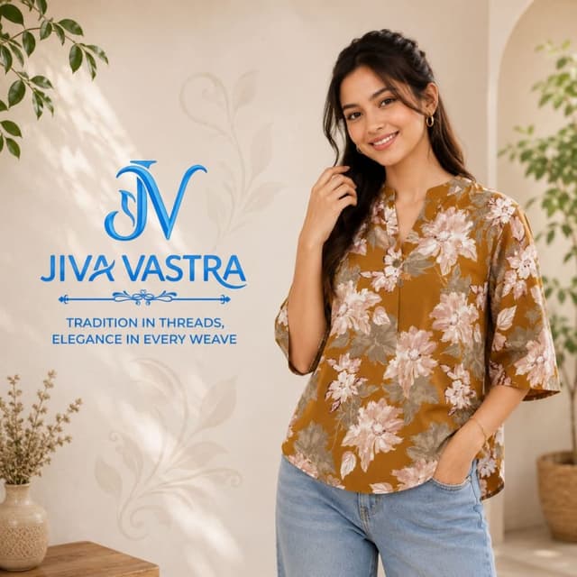 Mustard yellow base with cream and soft brown floral print Top