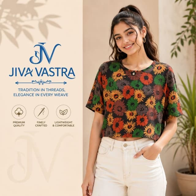 Black base with orange, yellow, green, and red sunflower-inspired floral pattern Crop Top