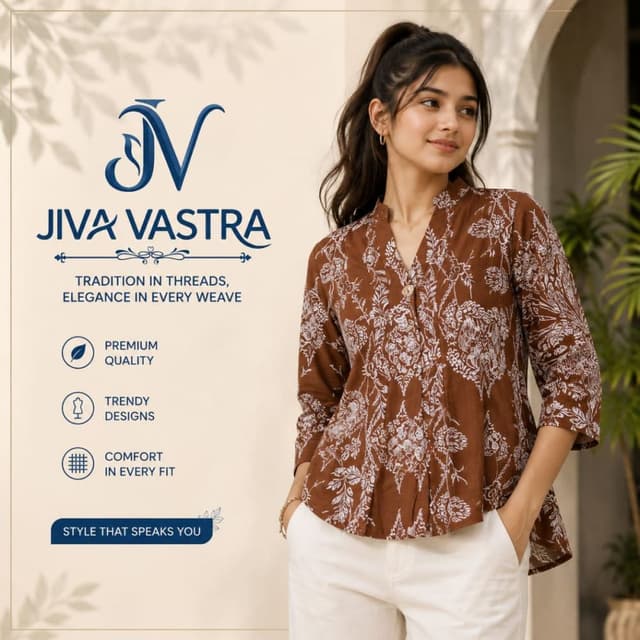 Earth brown base with white botanical print Kurti Top