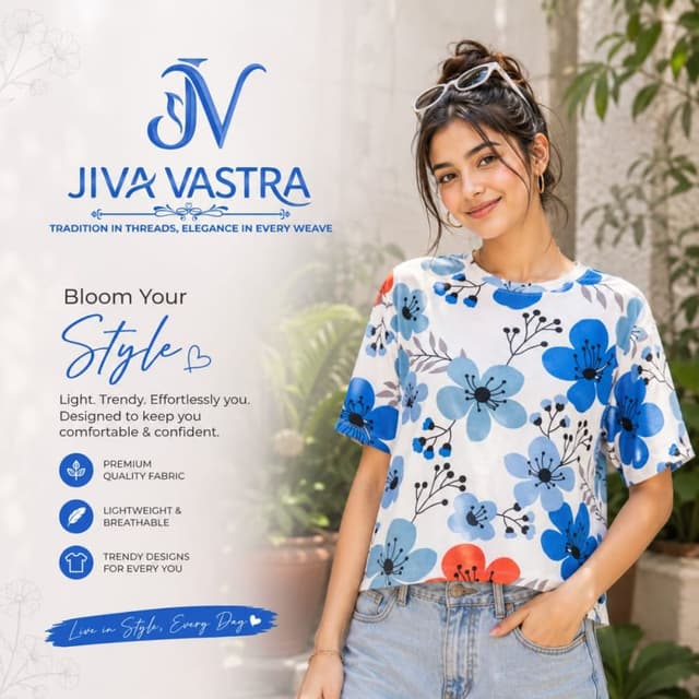 White background with shades of blue and hints of orange T-shirt