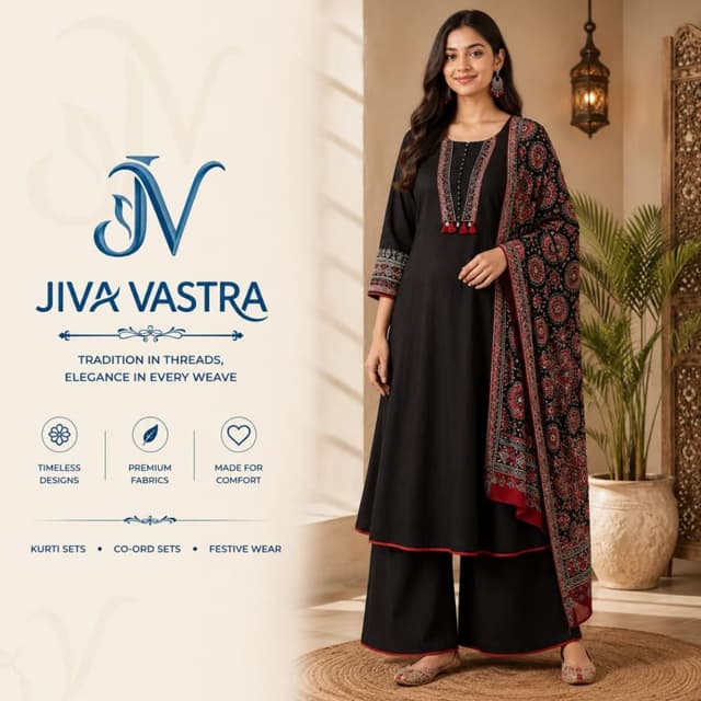 Black base with maroon, cream, and olive green accents Kurti Set with Dupatta