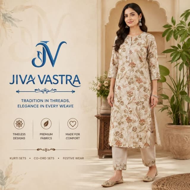Beige base with floral prints in shades of brown, rust, and muted green Kurti Set