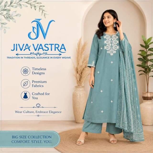 Teal, White Kurta Set