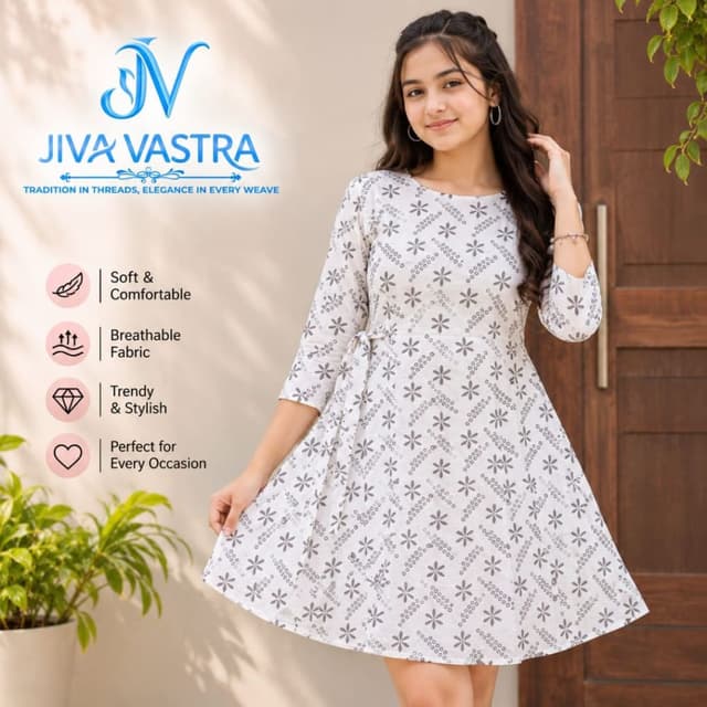 White background with black printed patterns Kurti Dress