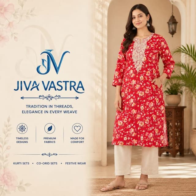 Red, White, Beige Kurti Set