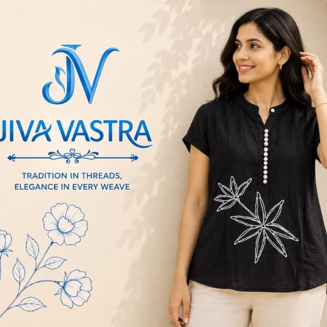 Black with white floral embroidery Top