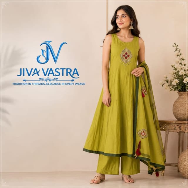 Olive Green with Maroon and Yellow accents Kurta Set with Dupatta