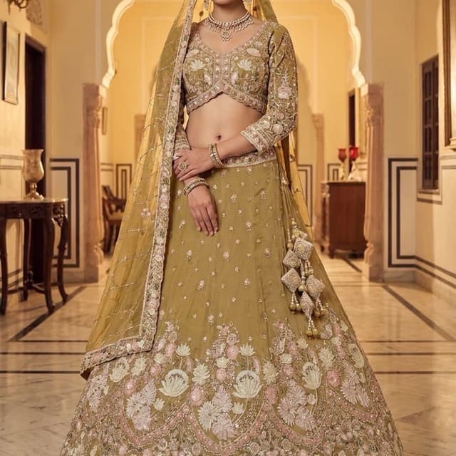 Olive Green, Soft Pink, Cream Lehenga Choli