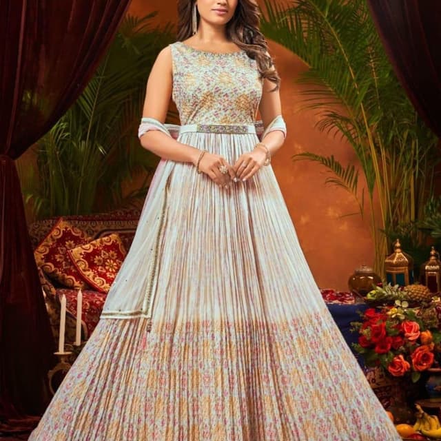 Pastel blue base with multicolor floral prints in pink, yellow, and green Anarkali Gown