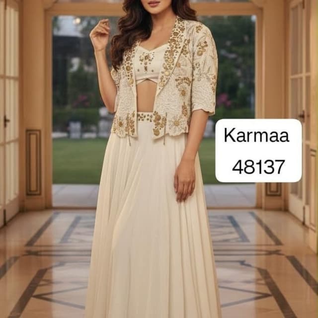 Off-white base with gold embroidery Lehenga Choli with Jacket