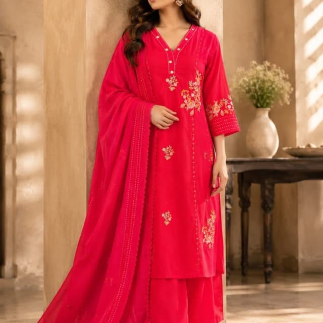 Vibrant Fuchsia Pink with subtle multi-colored thread work Salwar Kameez Set