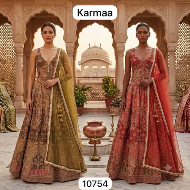Option 1: Olive Green and Gold; Option 2: Deep Red and Gold Lehenga Choli