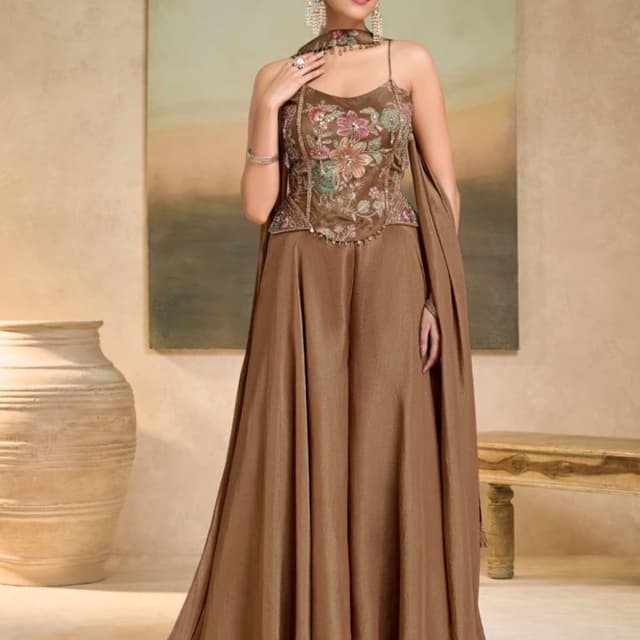 Brown, bronze, pink, green, mauve Lehenga Choli