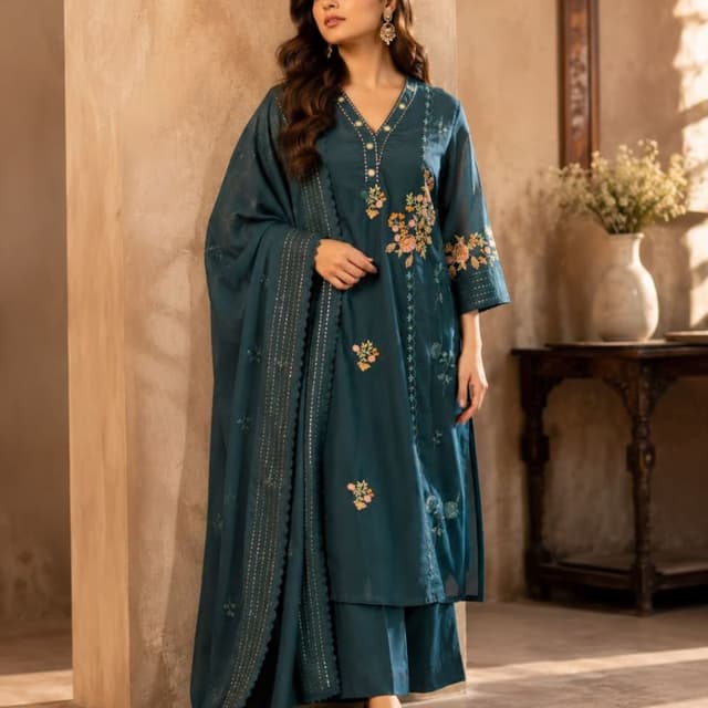 Teal, Deep Blue-Green with hints of peach and cream in embroidery Salwar Kameez Set