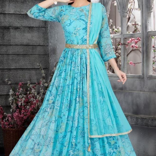 Bright sky blue with shades of turquoise and gold accents Anarkali Suit