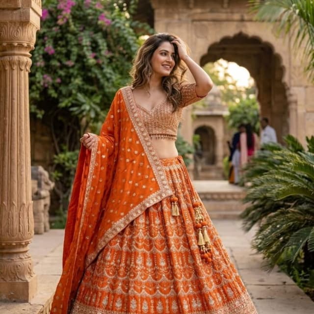 Vibrant Orange with Gold metallic accents Lehenga Choli