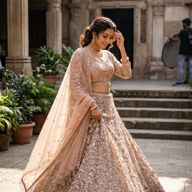 Champagne gold, muted peach, beige Lehenga Choli