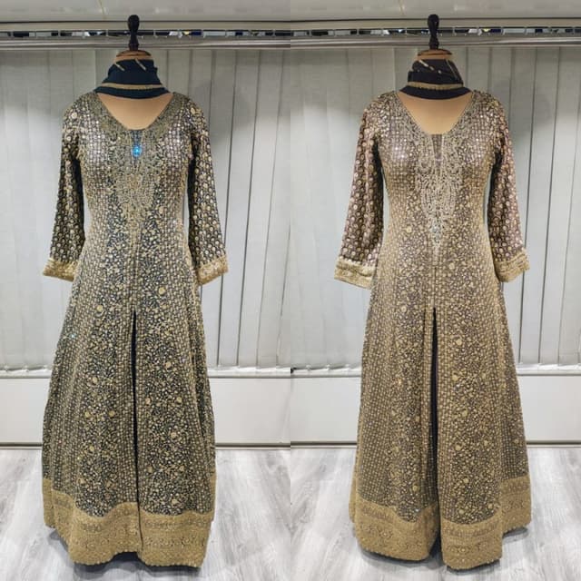 Dark grey or charcoal base with gold and silver metallic embellishments Anarkali Gown with front slit
