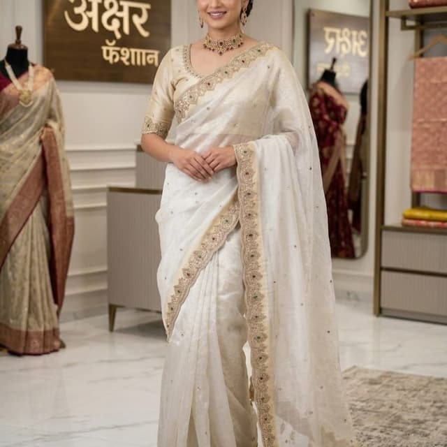Off-white, cream, gold, with accents of red and green in the embroidery Saree