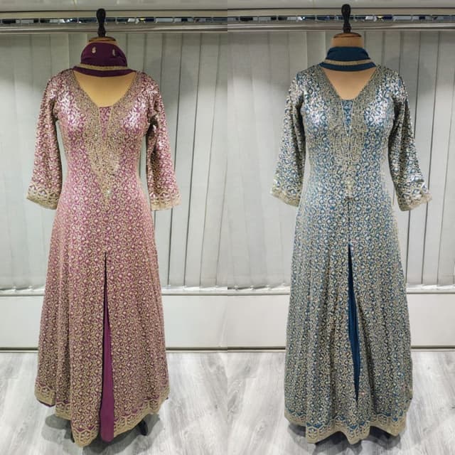 Plum/Deep Purple and Teal/Blue-Green with Gold embroidery Anarkali Suit / Long Kurta with Front Slit