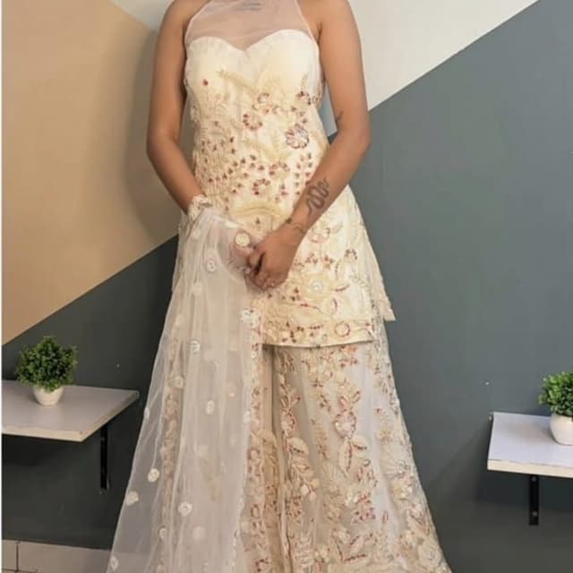 Off-white, Cream, with subtle pastel floral accents Sharara Set