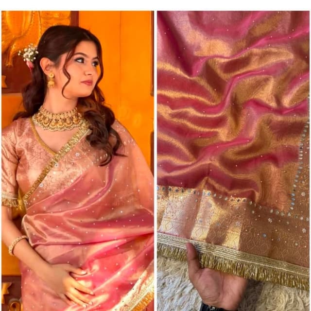 Pink, Rose Gold, Gold Saree