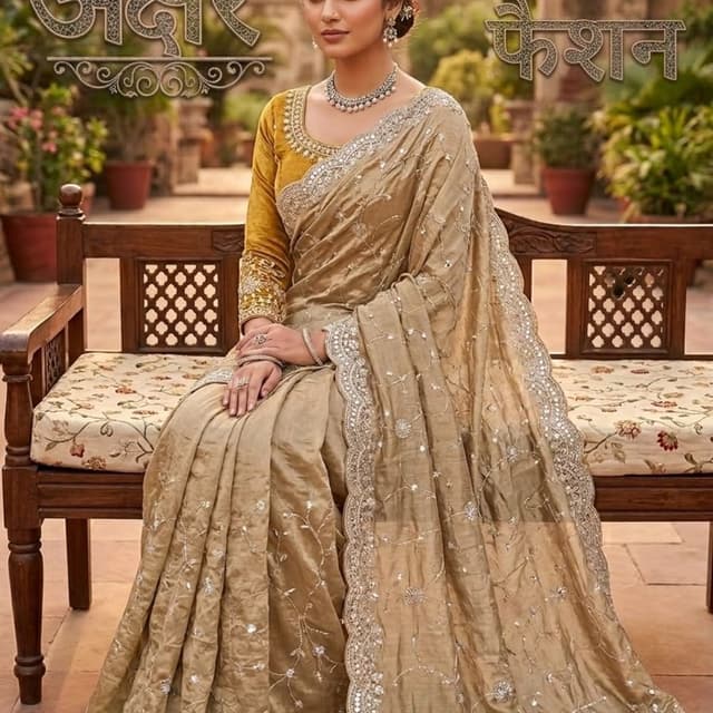 Champagne gold, mustard yellow Saree