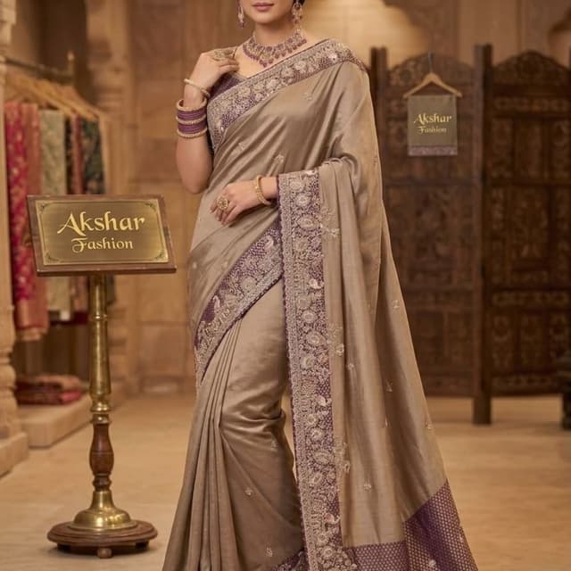 Taupe/Beige and Deep Plum/Purple Saree