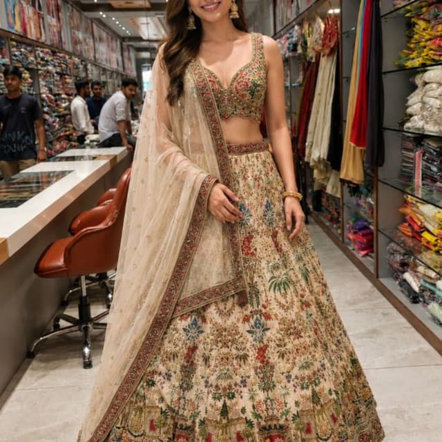 Beige base with multi-colored floral and architectural embroidery in red, green, blue, and gold Lehenga Choli