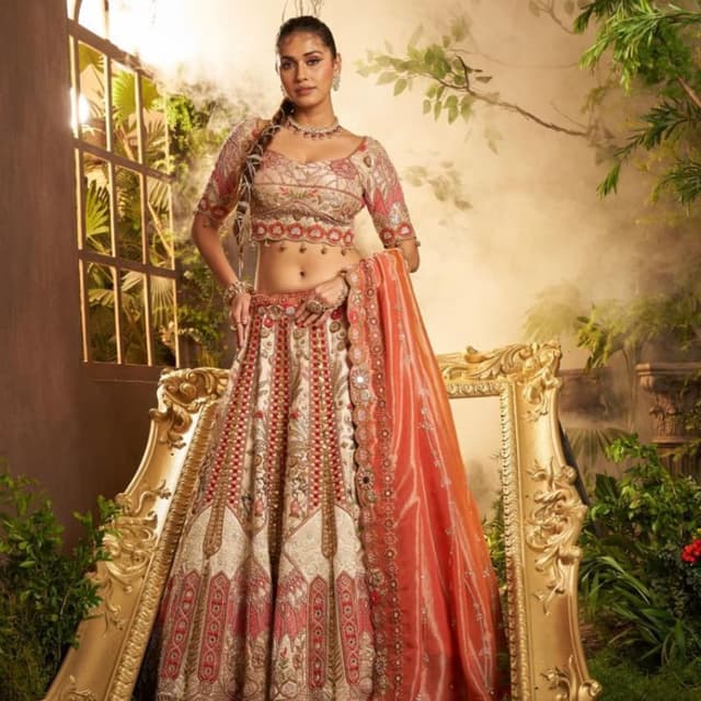 Off-white, Burnt Orange, Coral, Gold Lehenga Choli