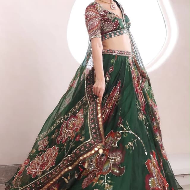 Bottle green, deep maroon, crimson, and gold accents Lehenga Choli