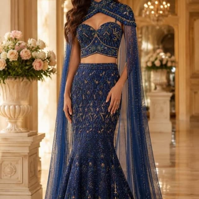 Midnight Blue, Gold, Deep Teal Lehenga Choli with Cape
