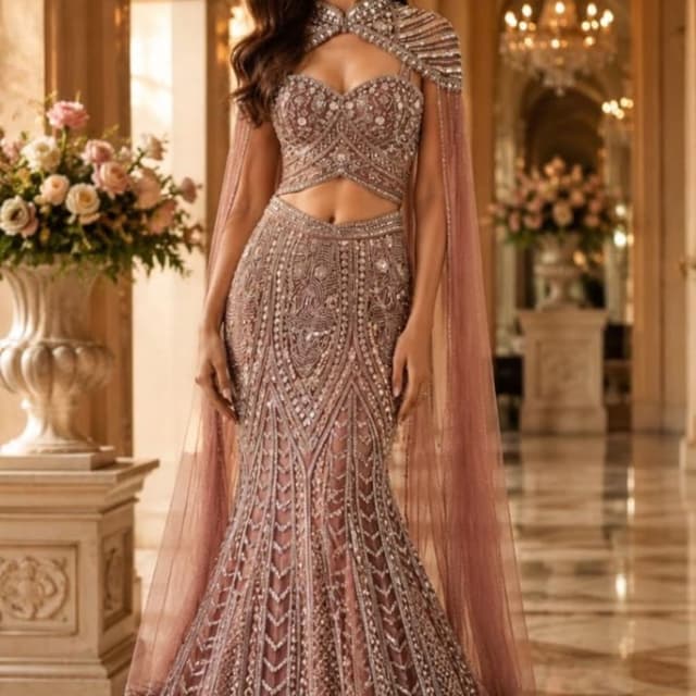 Dusty Rose, Mauve, Silver accents Lehenga Choli with attached cape