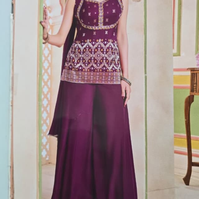 Deep Plum/Eggplant Purple with golden and white accents Sharara Set