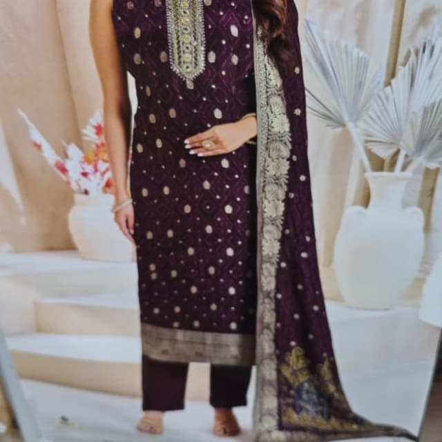 Deep purple base with gold accents Salwar Kameez Suit