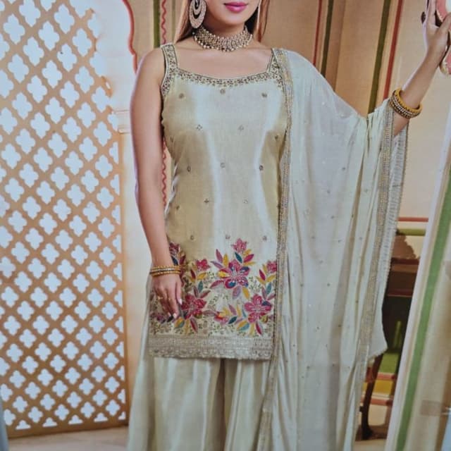 Off-white base with multi-colored floral embroidery Sharara Set