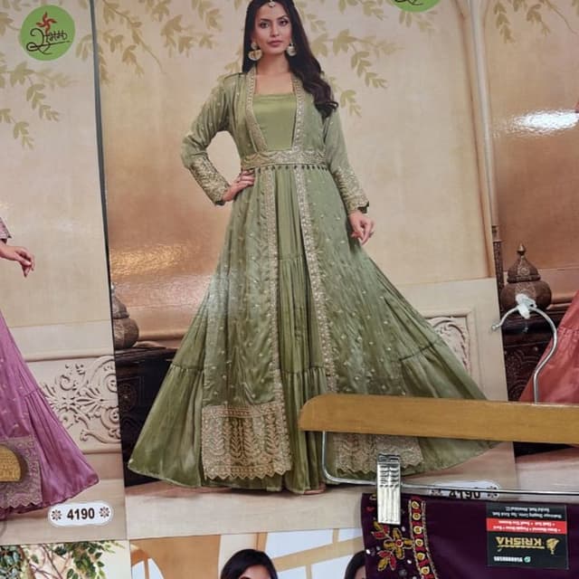 Sage green and gold Lehenga Choli with long jacket
