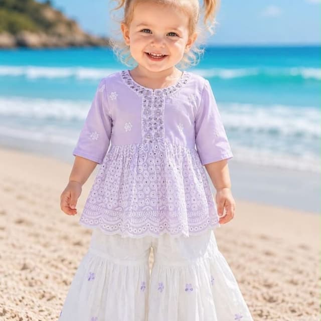 Lavender and White Peplum Kurti and Sharara Set