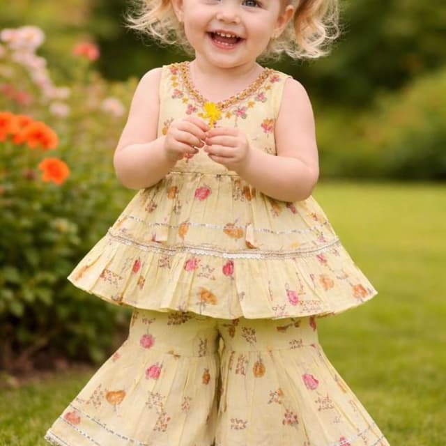 Light yellow base with pink, orange, and green floral accents Peplum top and sharara pants set