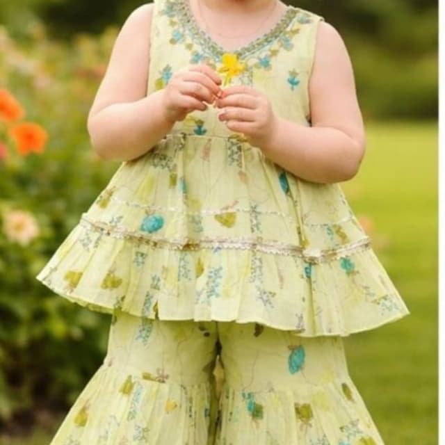 Light lime green base with blue and olive green floral accents Sharara Set