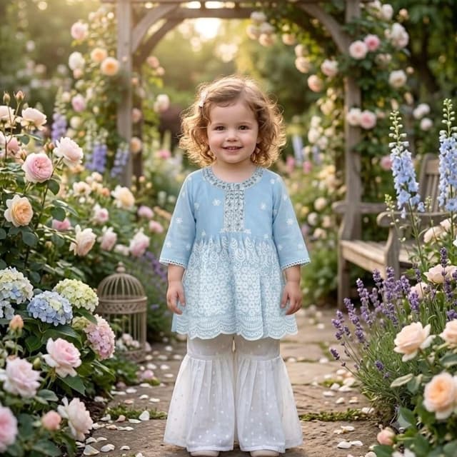 Powder blue and white Kurti and Sharara Set