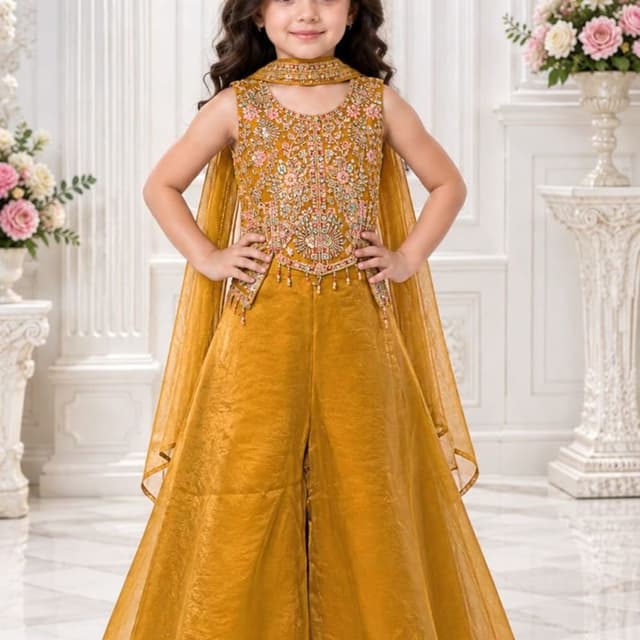 Mustard yellow with multi-colored floral embroidery Jumpsuit with attached cape