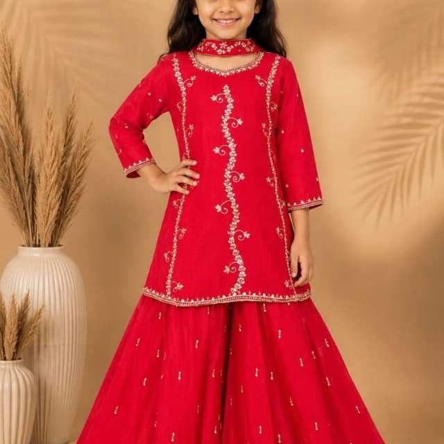 Vibrant Red with Gold accents Sharara Set