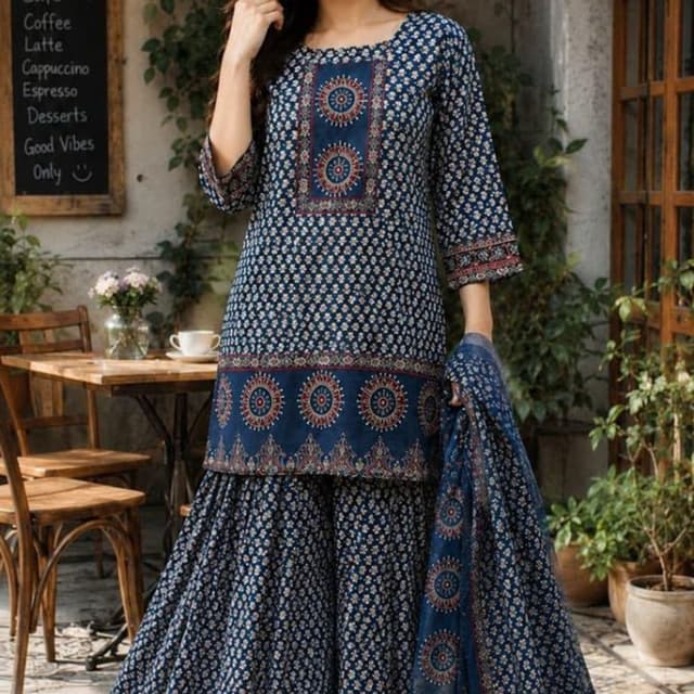 Navy Blue, Rust, Off-White Sharara Set