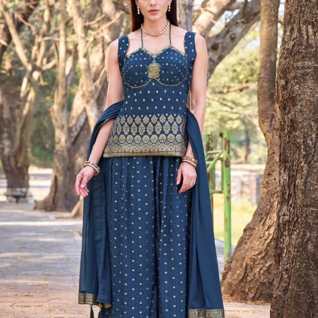Deep Teal, Gold Sharara Set