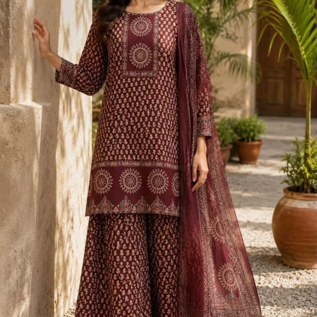 Maroon, Deep Red, Off-White, Gold accents Sharara Set