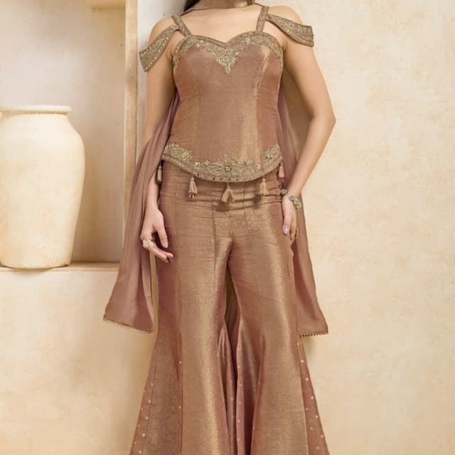 Copper, Metallic Gold, Bronze Peplum top with sharara pants