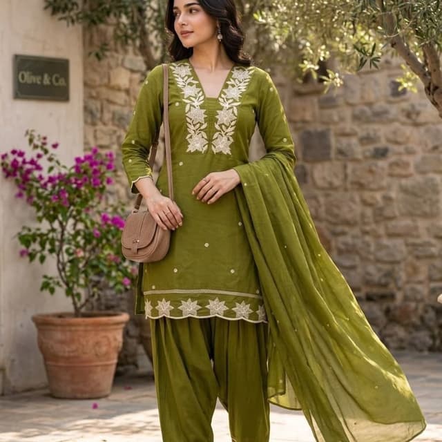 Olive Green with Off-White embroidery Salwar Suit Set