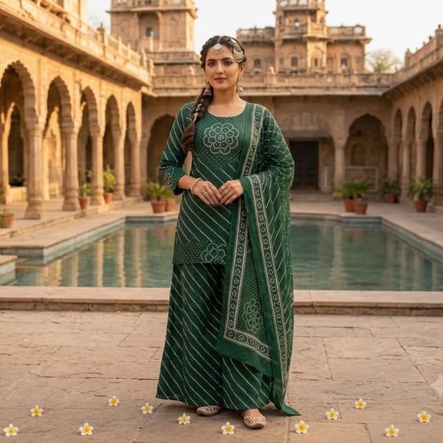 Bottle green with white detailing Kurta Sharara set with Dupatta